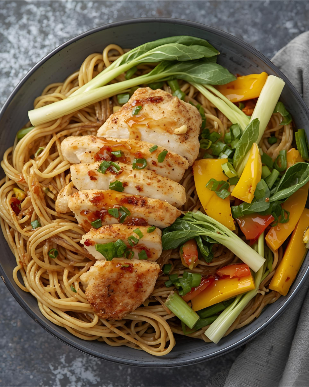 Krosse Mais-Hähnchenbrust mit asiatischer Pflaumensauce an Udon-Nudeln mit Pak Choi, Paprika, Lauch & Mango geschwenkt