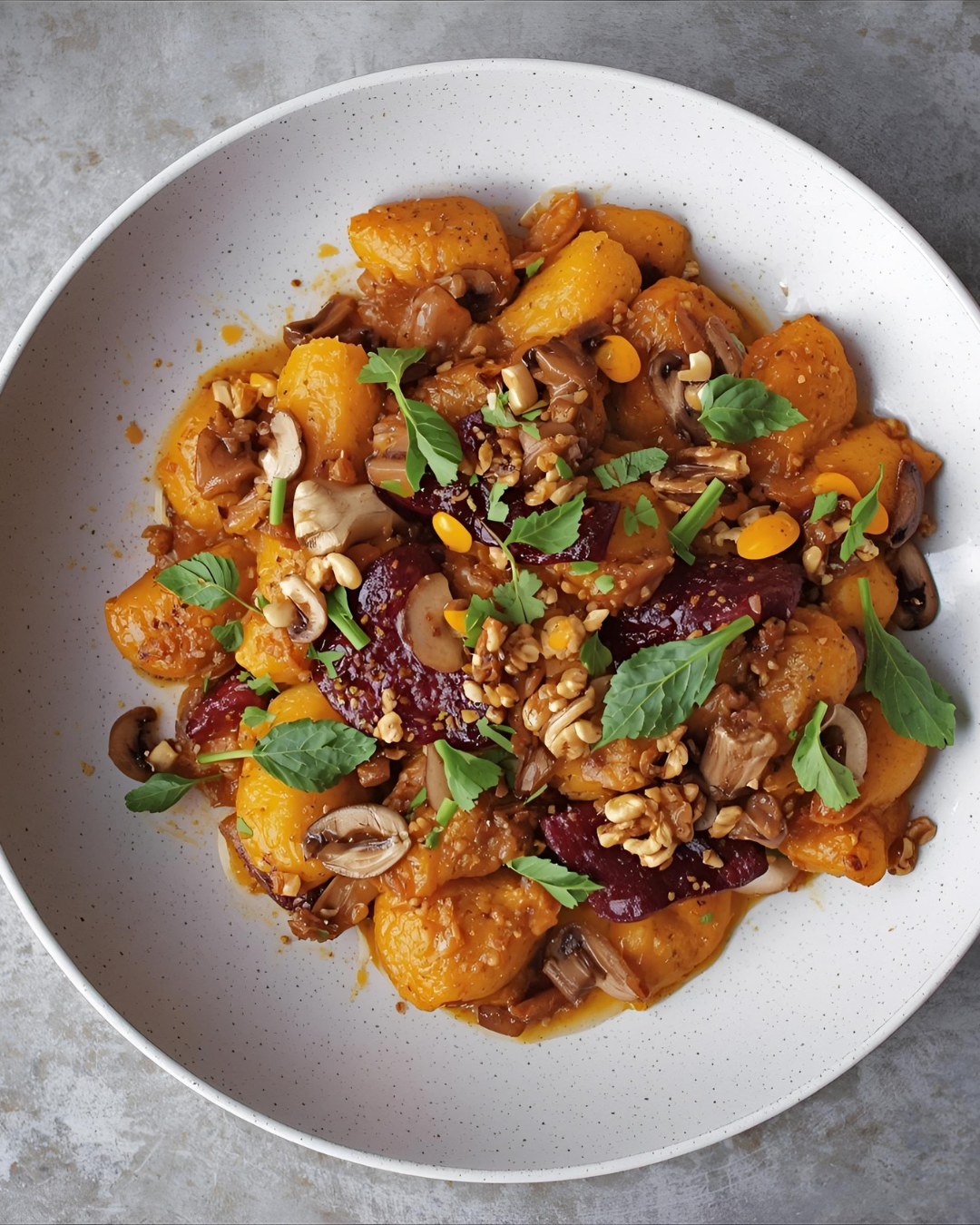 Rote-Bete-Gnocchi an Wirsing und Pilzen in Kürbissauce mit gerösteten Walnüssen