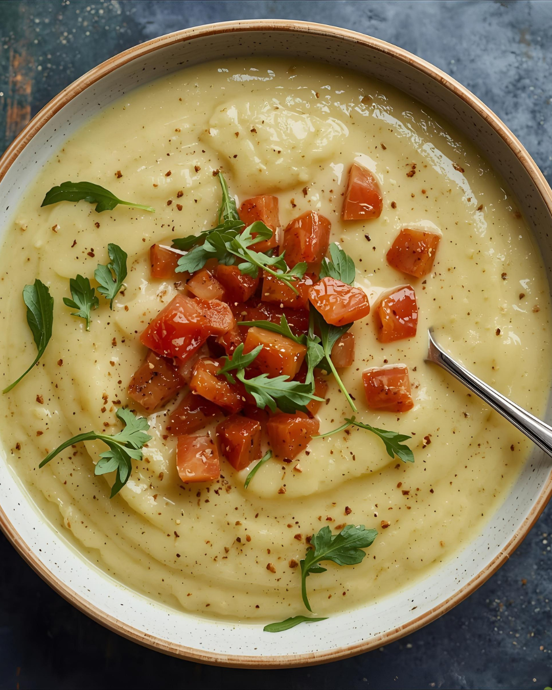 Rucola-Kartoffelsuppe mit Tomatenwürfeln