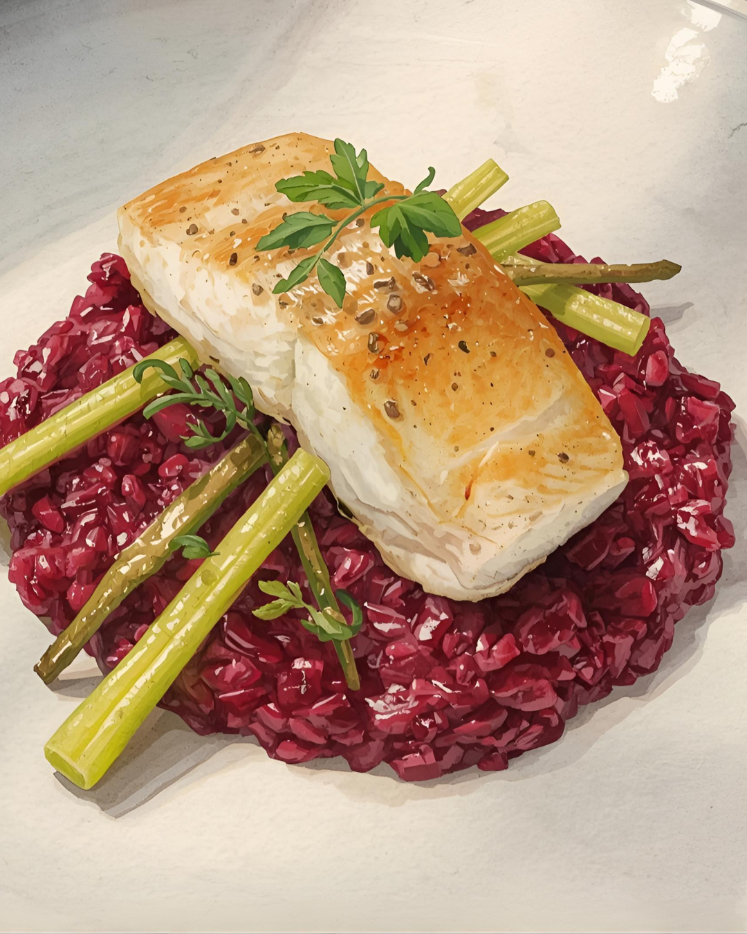 Saibling-Filet an Rote-Bete-Risotto mit frittiertem Sellerie