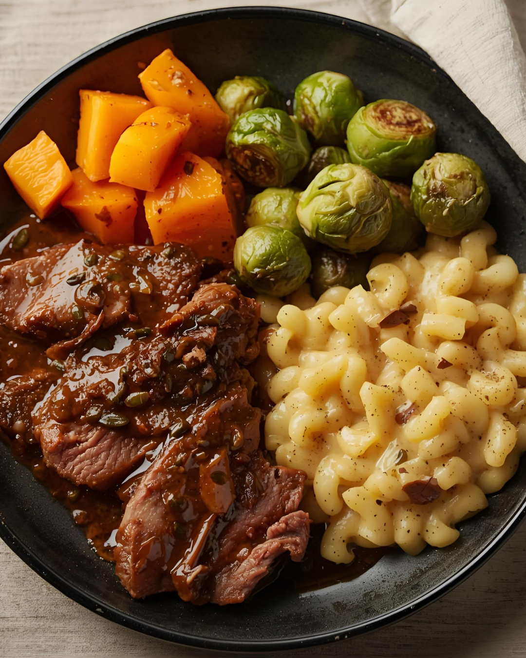 Sauerbraten vom Hirsch mit weihnachtlichen Gewürzen gebeizt, mit Rosenkohl-Kürbis-Gemüse und Butterspätzle